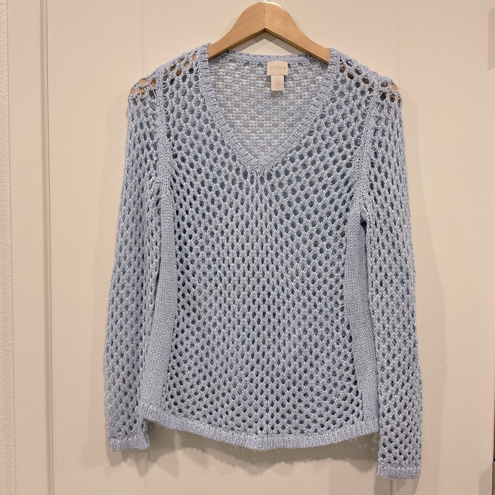 Chico’s Sweater Metallic Blue V-Neck Size 0
